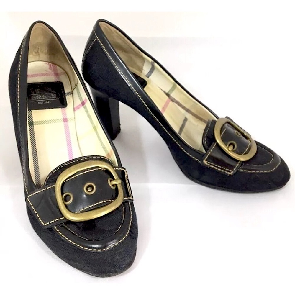 Coach Black Signature Canvas & Leather Buckle High Heels Size 6 - Picture 1 of 8